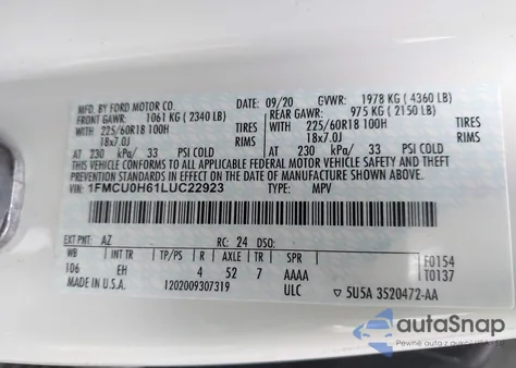 2020 Ford Escape Sel из США, поврежденный, VIN 1FMCU0H61LUC22923